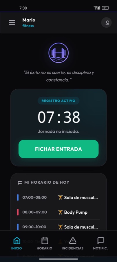 Pantalla de inicio y fichaje