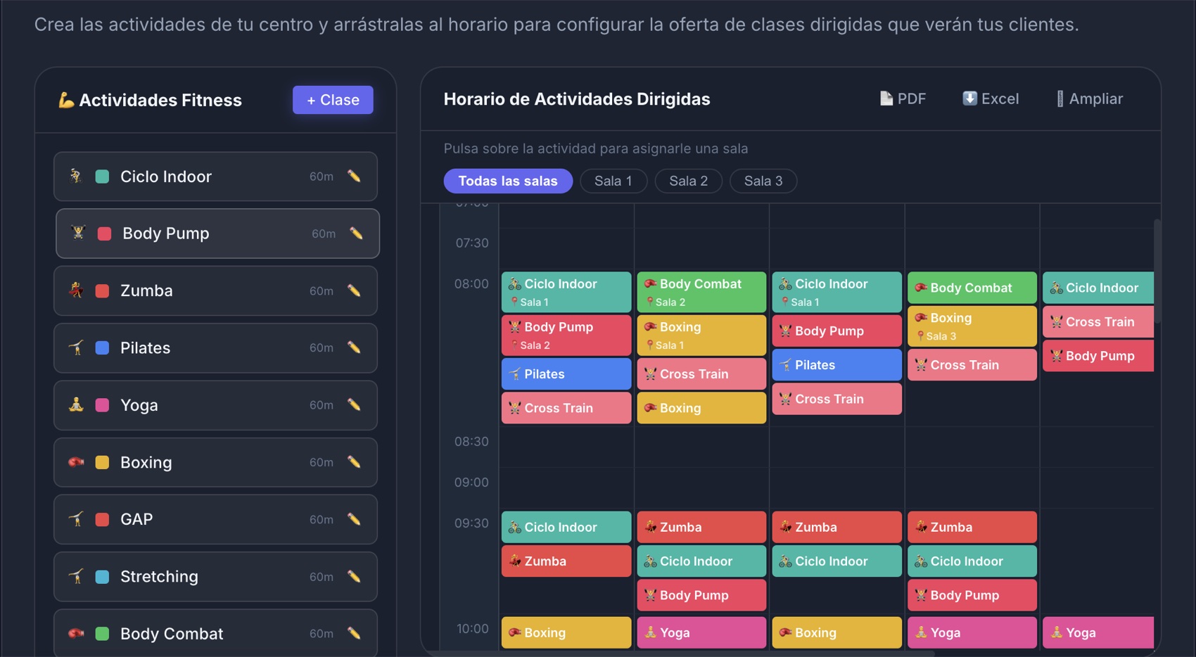 Configuración de la parrilla de actividades dirigidas por sala