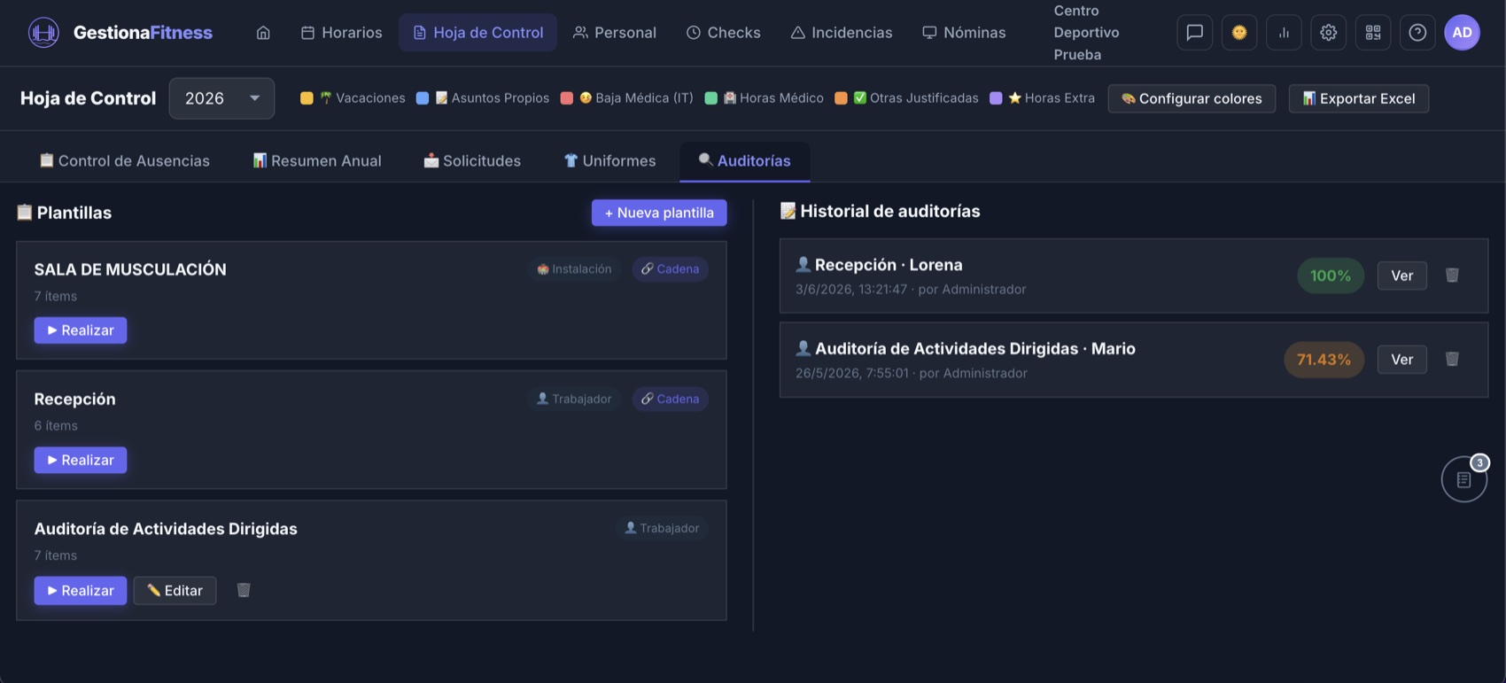 Plantillas de auditoría e histórico con ranking