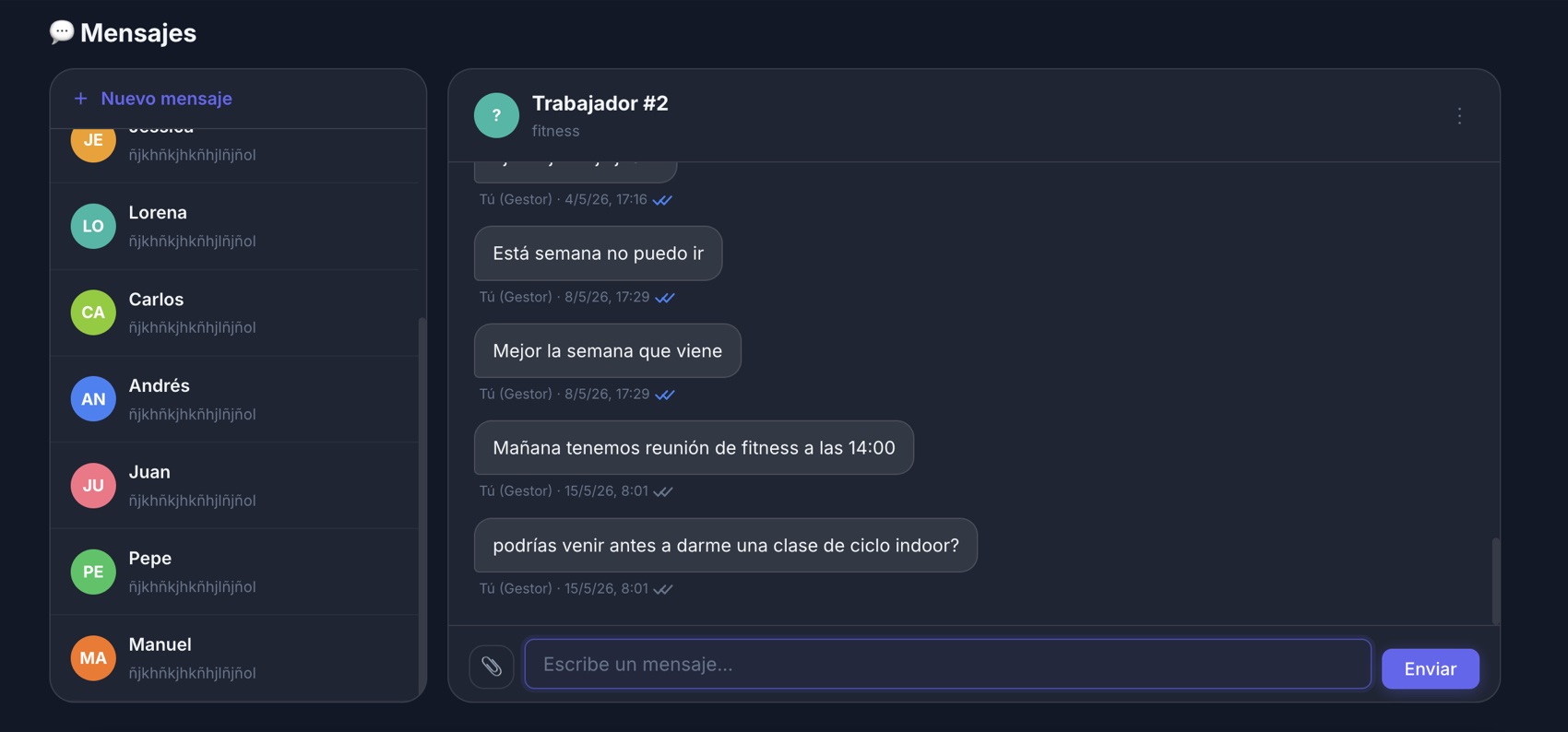 Pantalla de mensajería interna con doble check