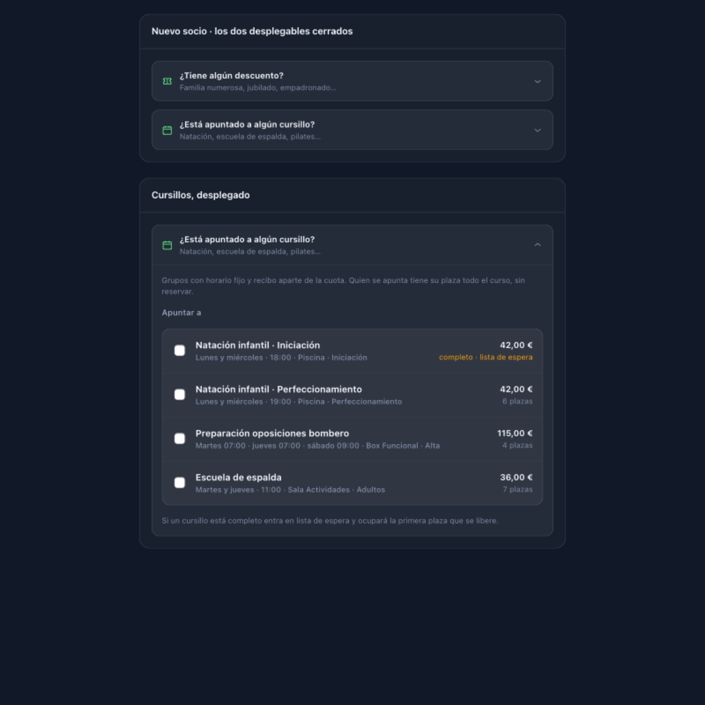 Pantalla de alta con desplegables de descuento y cursillos